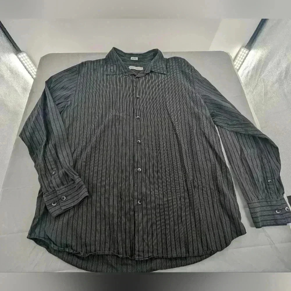 Calvin Klein Men's Dark Colors Striped Long Sleeve Button Down XL Dress Shirt